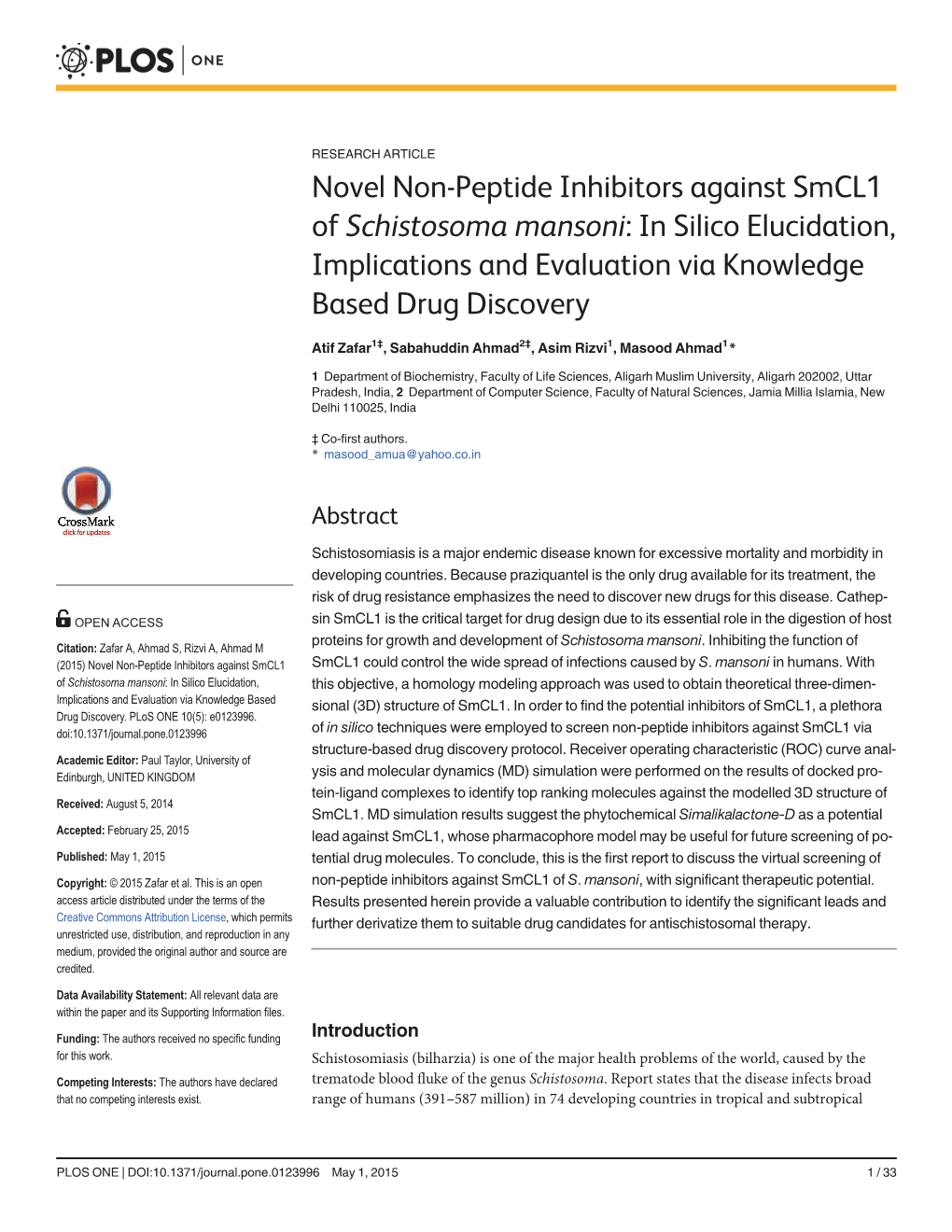 Novel Non-Peptide Inhibitors Against Smcl1 of Schistosoma Mansoni: in Silico Elucidation, Implications and Evaluation Via Knowledge Based Drug Discovery