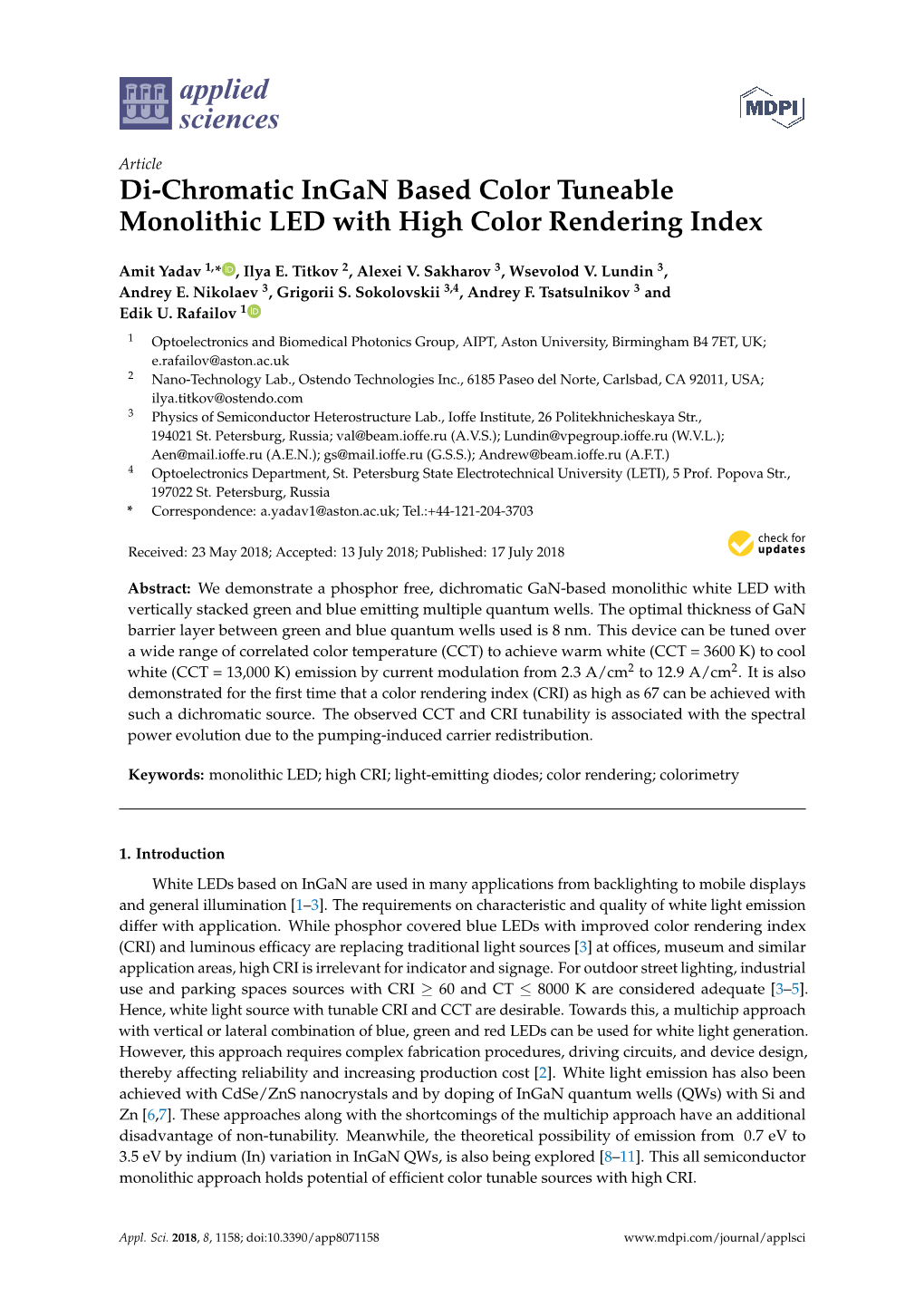 Di-Chromatic Ingan Based Color Tuneable Monolithic LED with High Color Rendering Index