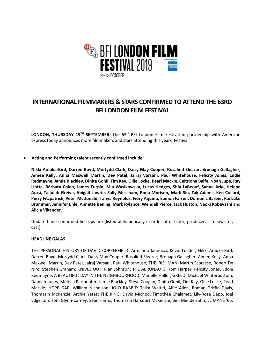 International Filmmakers & Stars Confirmed to Attend