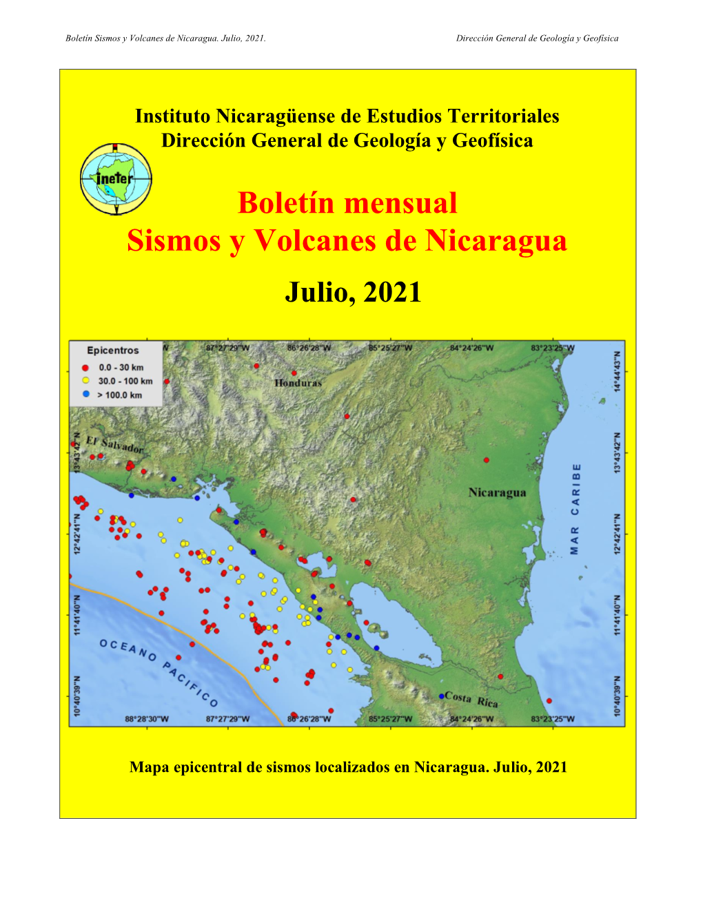 Boletín Mensual Sismos Y Volcanes De Nicaragua Julio, 2021