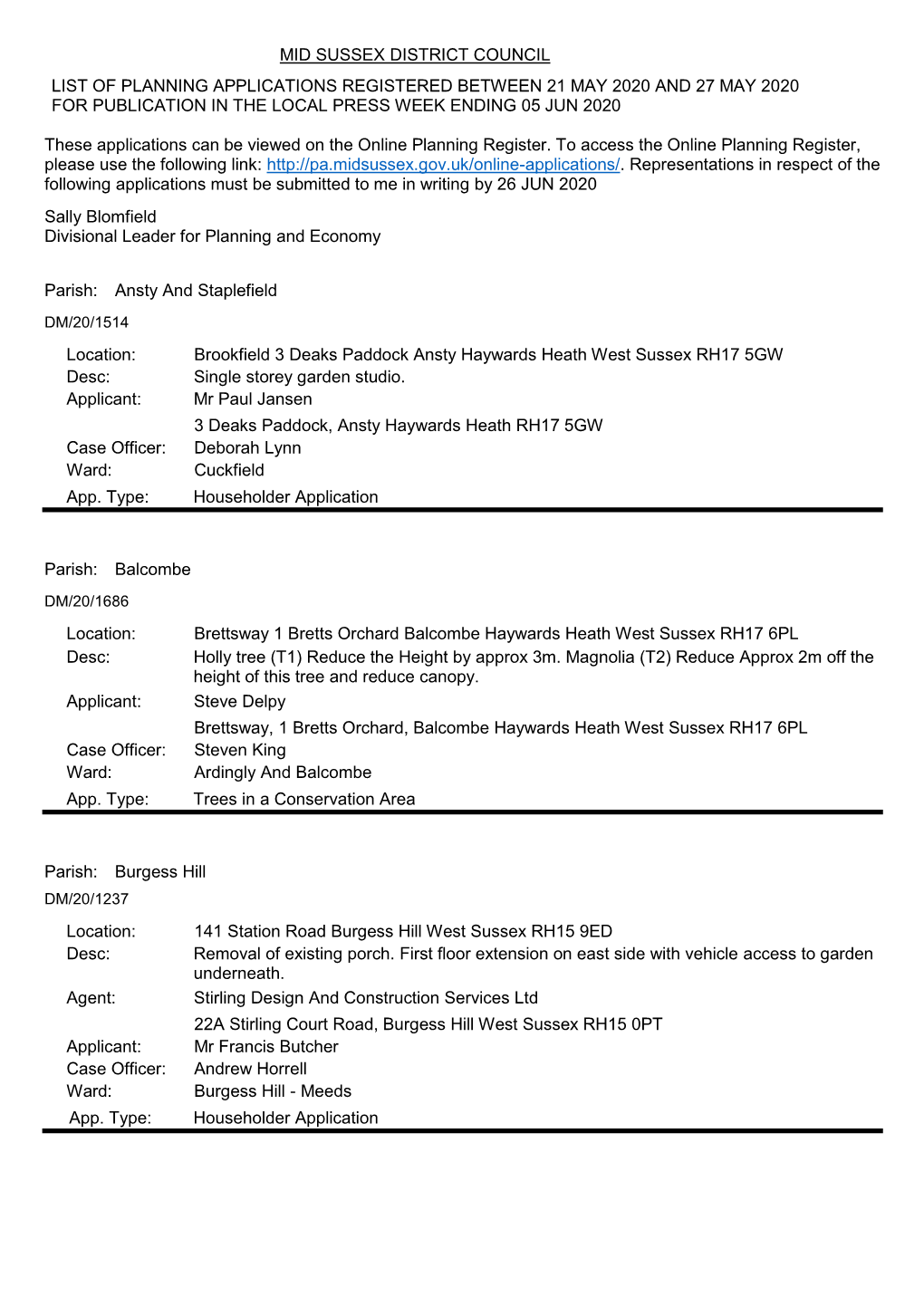 Mid Sussex District Council List of Planning Applications Registered Between 21 May 2020 and 27 May 2020 for Publication in the Local Press Week Ending 05 Jun 2020