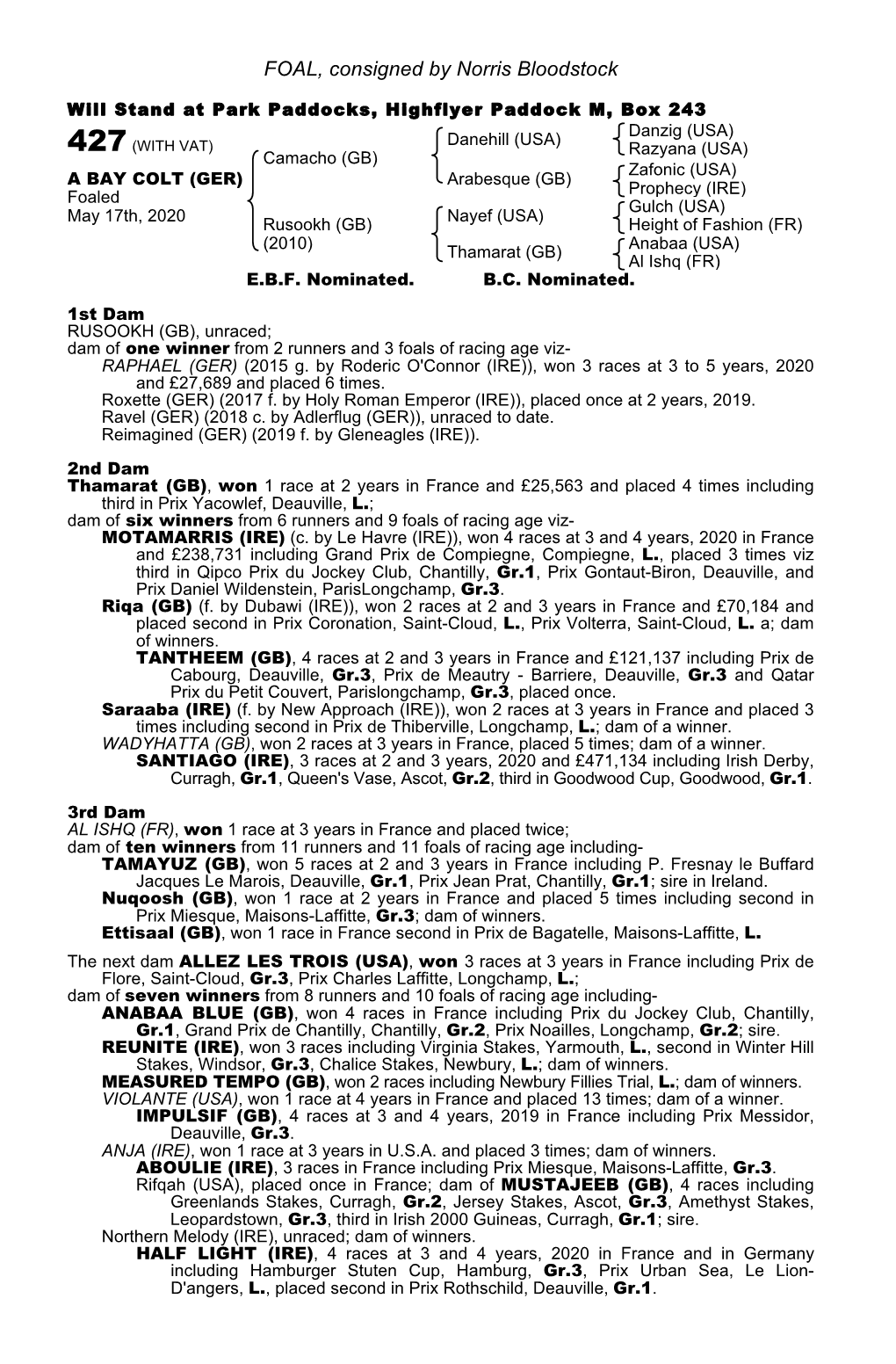 FOAL, Consigned by Norris Bloodstock