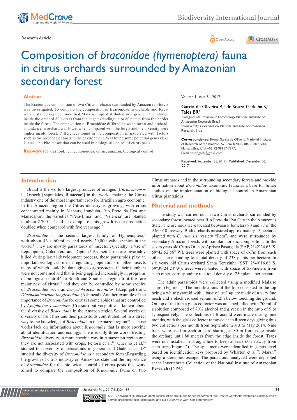 Composition of Braconidae (Hymenoptera) Fauna in Citrus Orchards Surrounded by Amazonian Secondary Forest