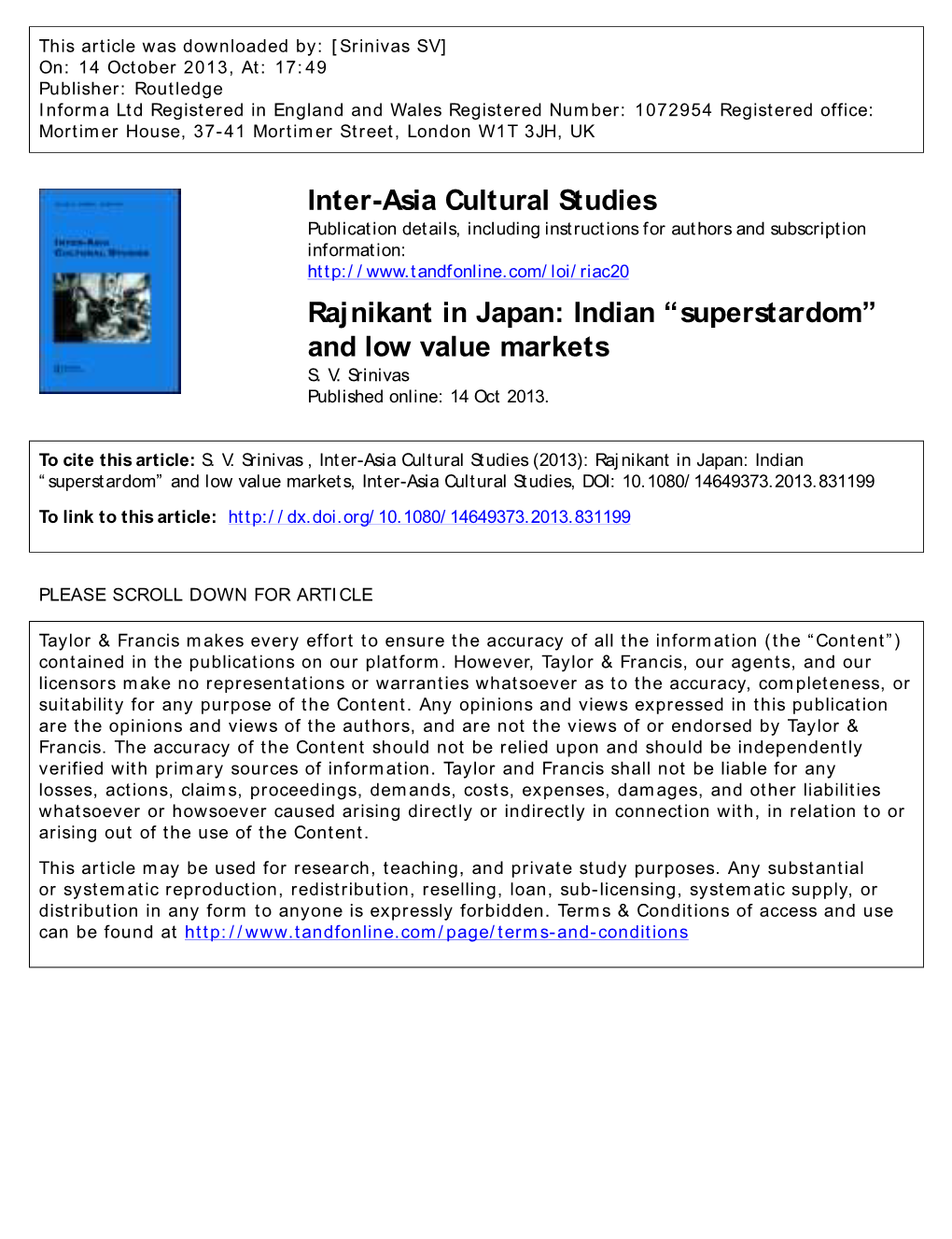 Inter-Asia Cultural Studies Rajnikant in Japan: Indian “Superstardom