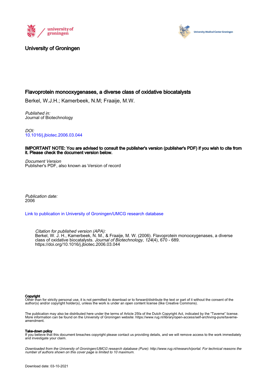 University of Groningen Flavoprotein Monooxygenases, a Diverse Class