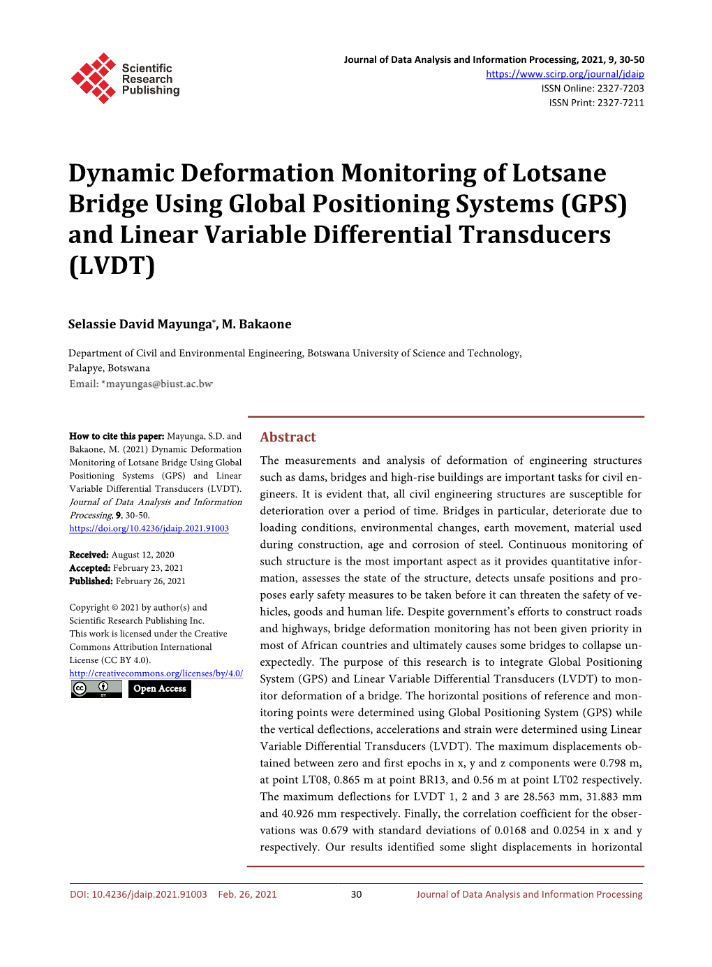 Dynamic Deformation Monitoring of Lotsane Bridge Using Global Positioning Systems (GPS) and Linear Variable Differential Transducers (LVDT)