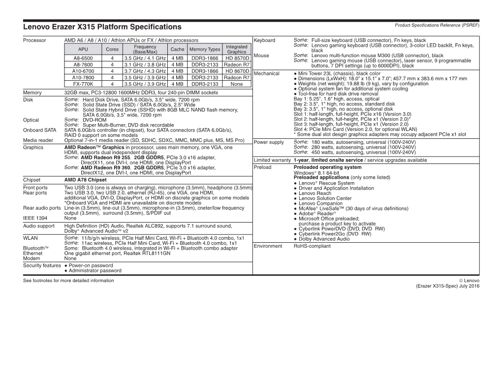 Lenovo Erazer X315 Platform Specifications Product Specifications Reference (PSREF)