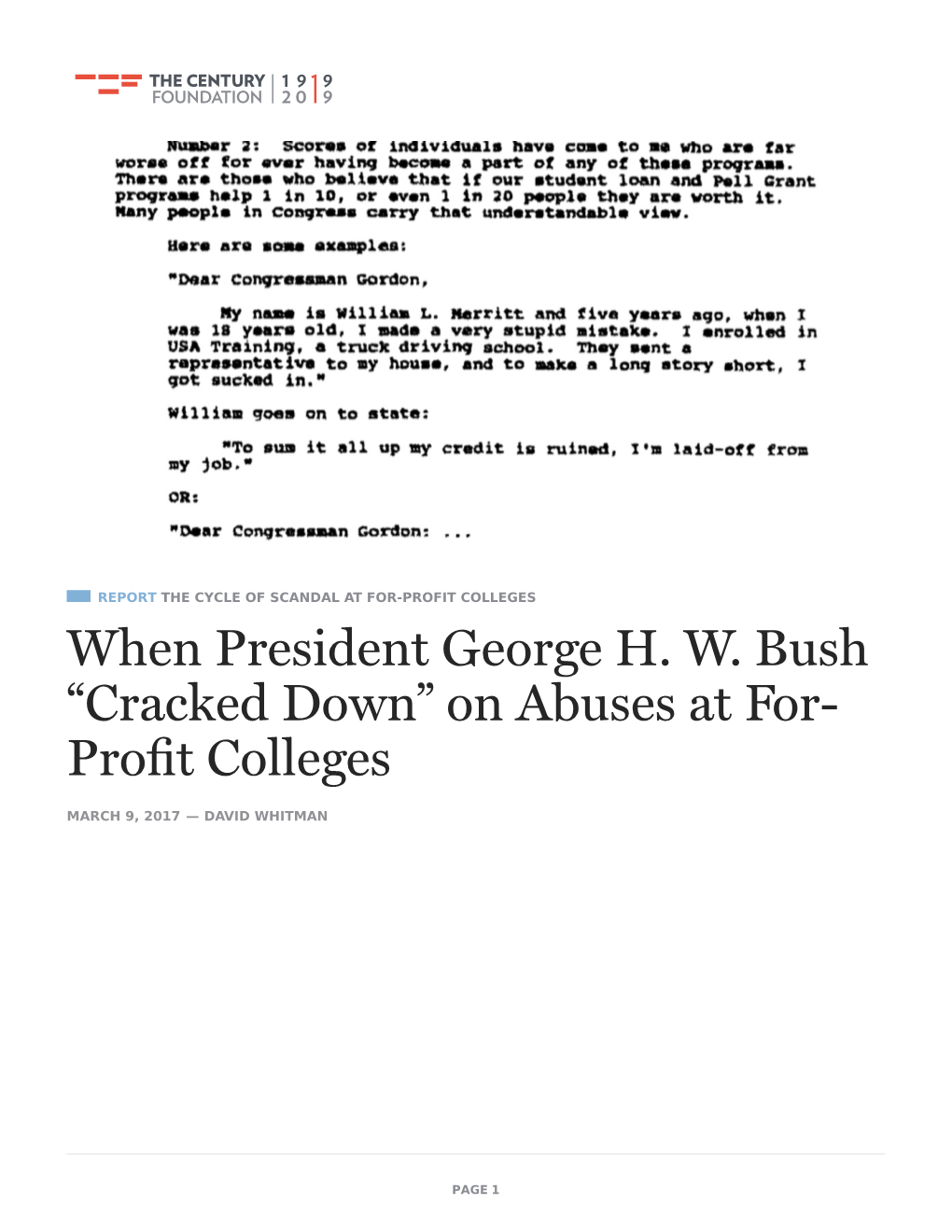 When President George H. W. Bush “Cracked Down” on Abuses at For- Proﬁt Colleges