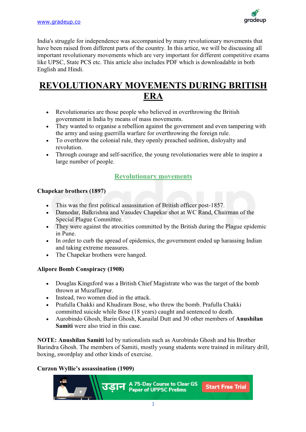 Revolutionary Movements During British Era PDF in English