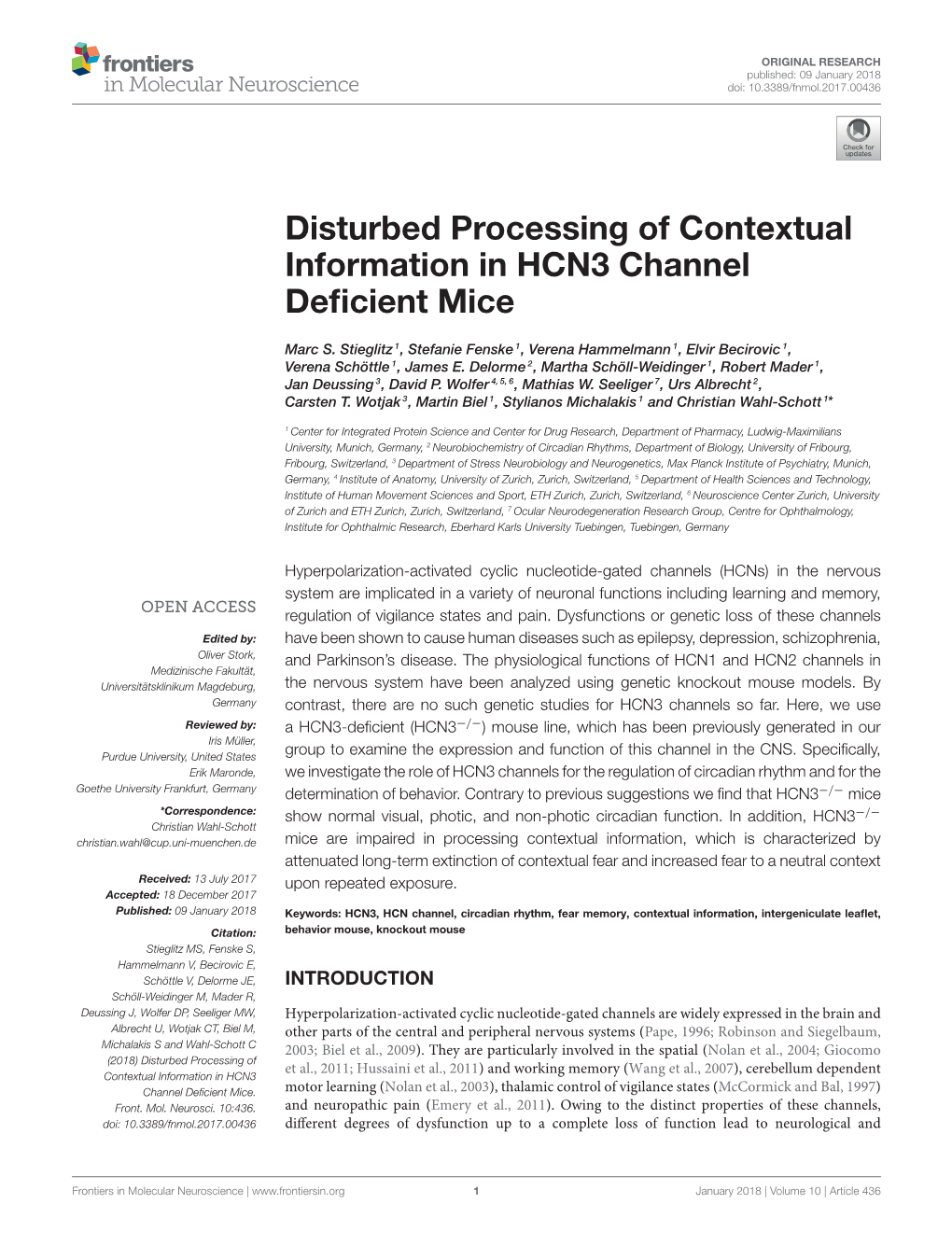Disturbed Processing of Contextual Information in HCN3 Channel Deficient Mice