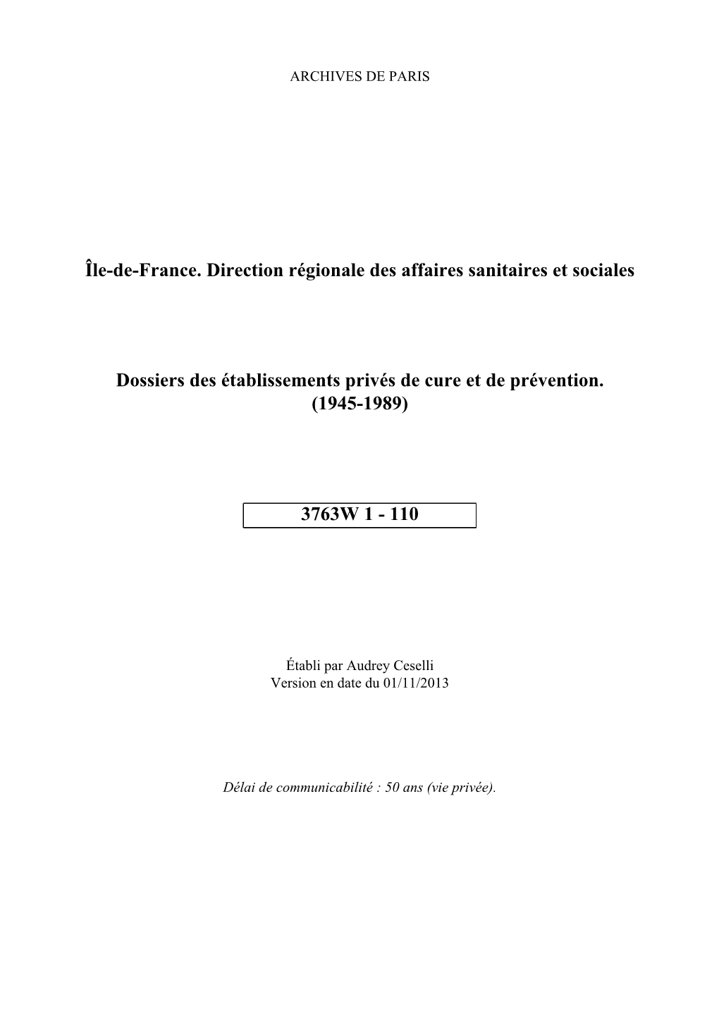 Île-De-France. Direction Régionale Des Affaires Sanitaires Et Sociales
