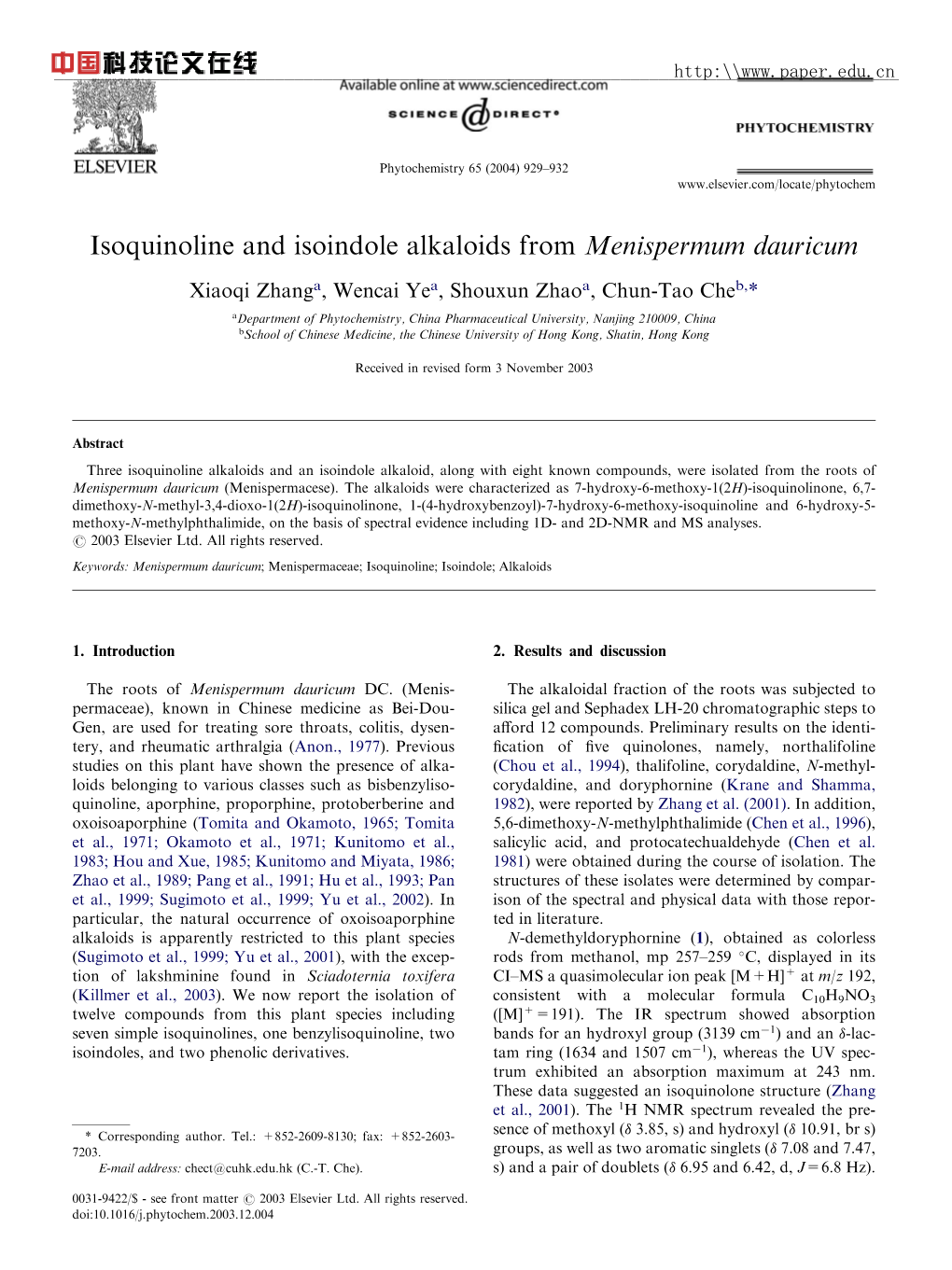 Isoquinoline and Isoindole Alkaloids from Menispermum Dauricum