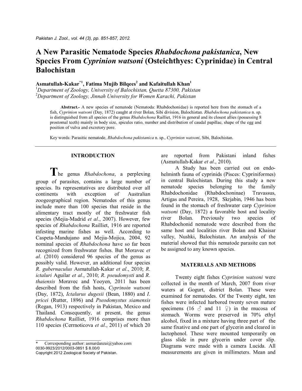 A New Parasitic Nematode Species Rhabdochona Pakistanica, New Species from Cyprinion Watsoni (Osteichthyes: Cyprinidae) in Central Balochistan