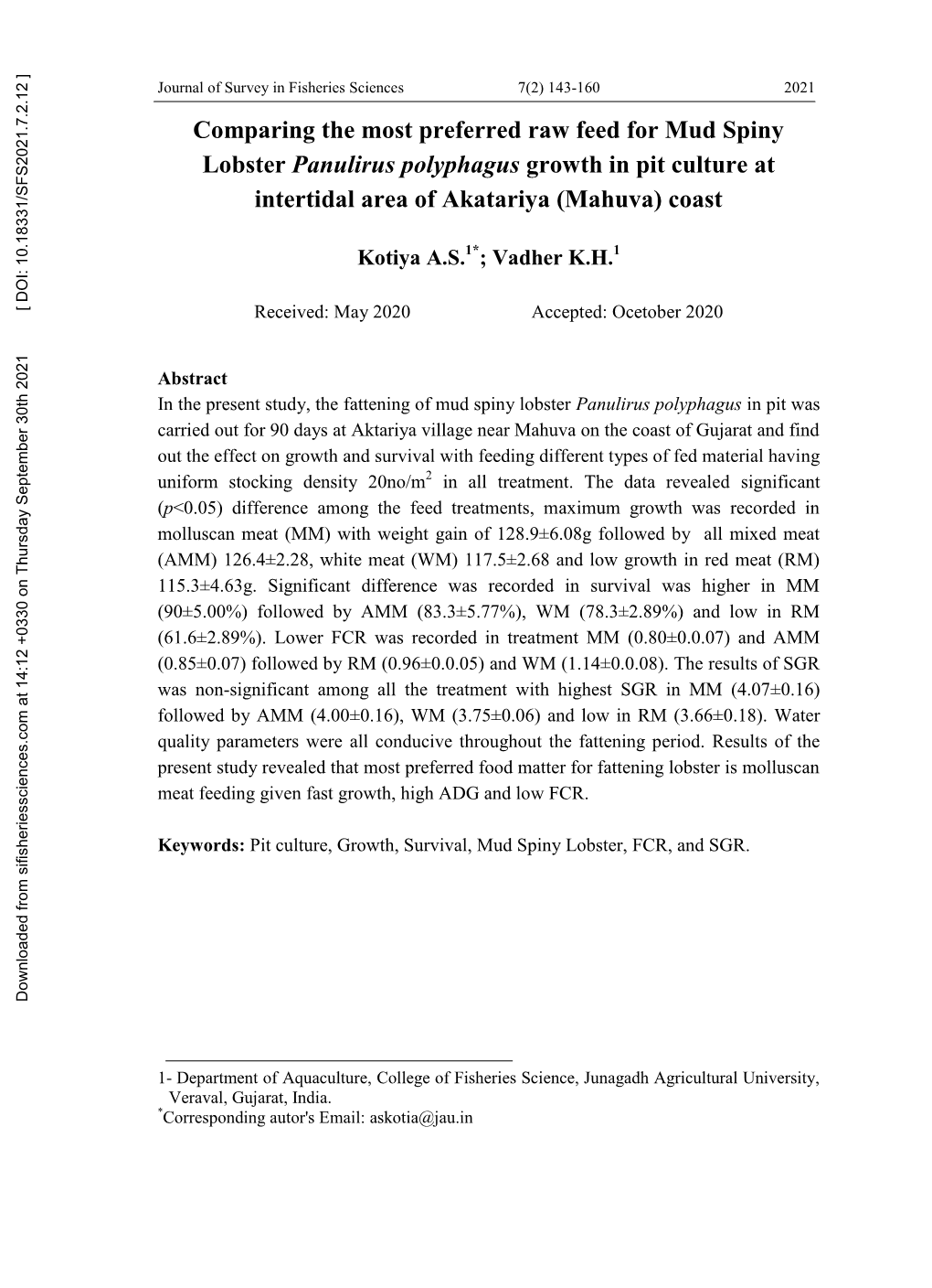 Comparing the Most Preferred Raw Feed for Mud Spiny Lobster Panulirus Polyphagus Growth in Pit Culture at Intertidal Area of Akatariya (Mahuva) Coast