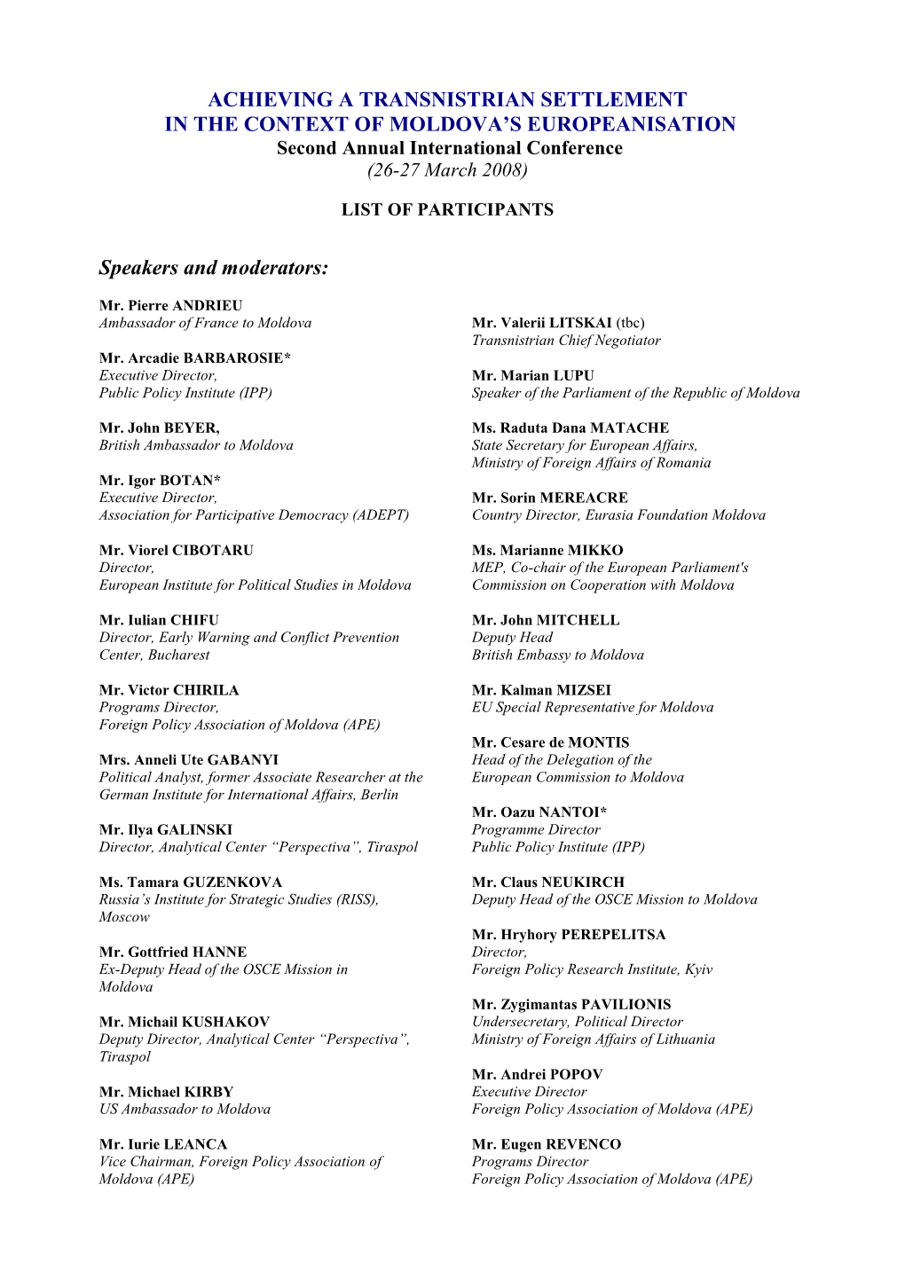 List of Participants