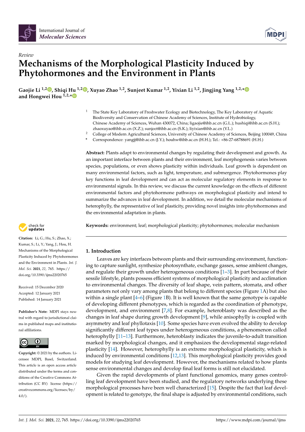 Mechanisms of the Morphological Plasticity Induced by Phytohormones and the Environment in Plants