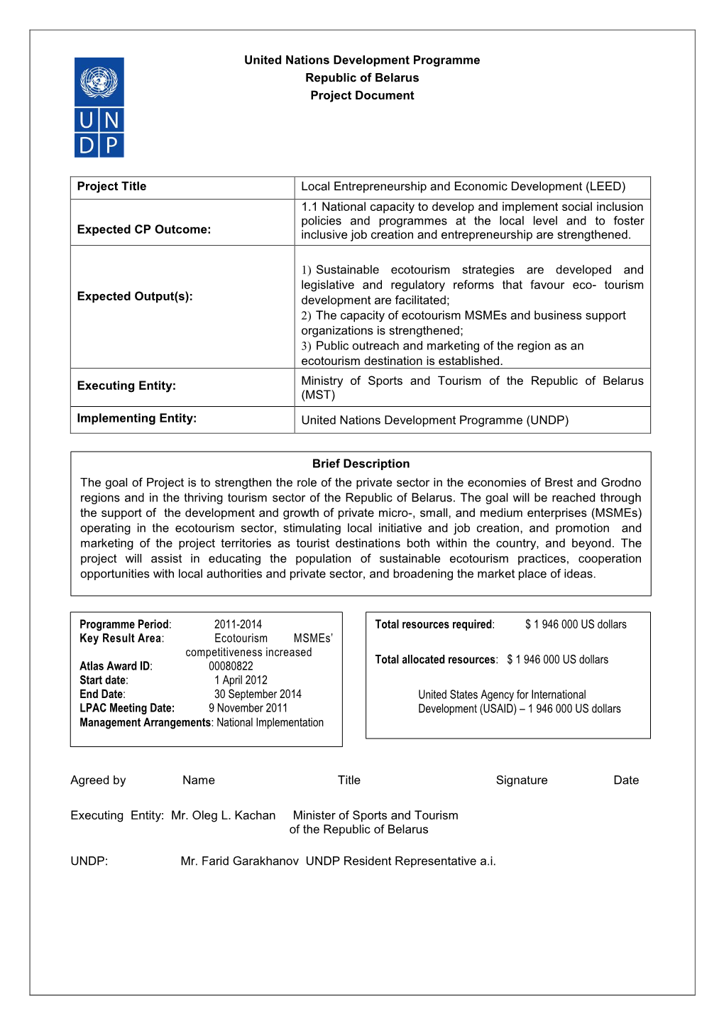 United Nations Development Programme Republic of Belarus Project Document