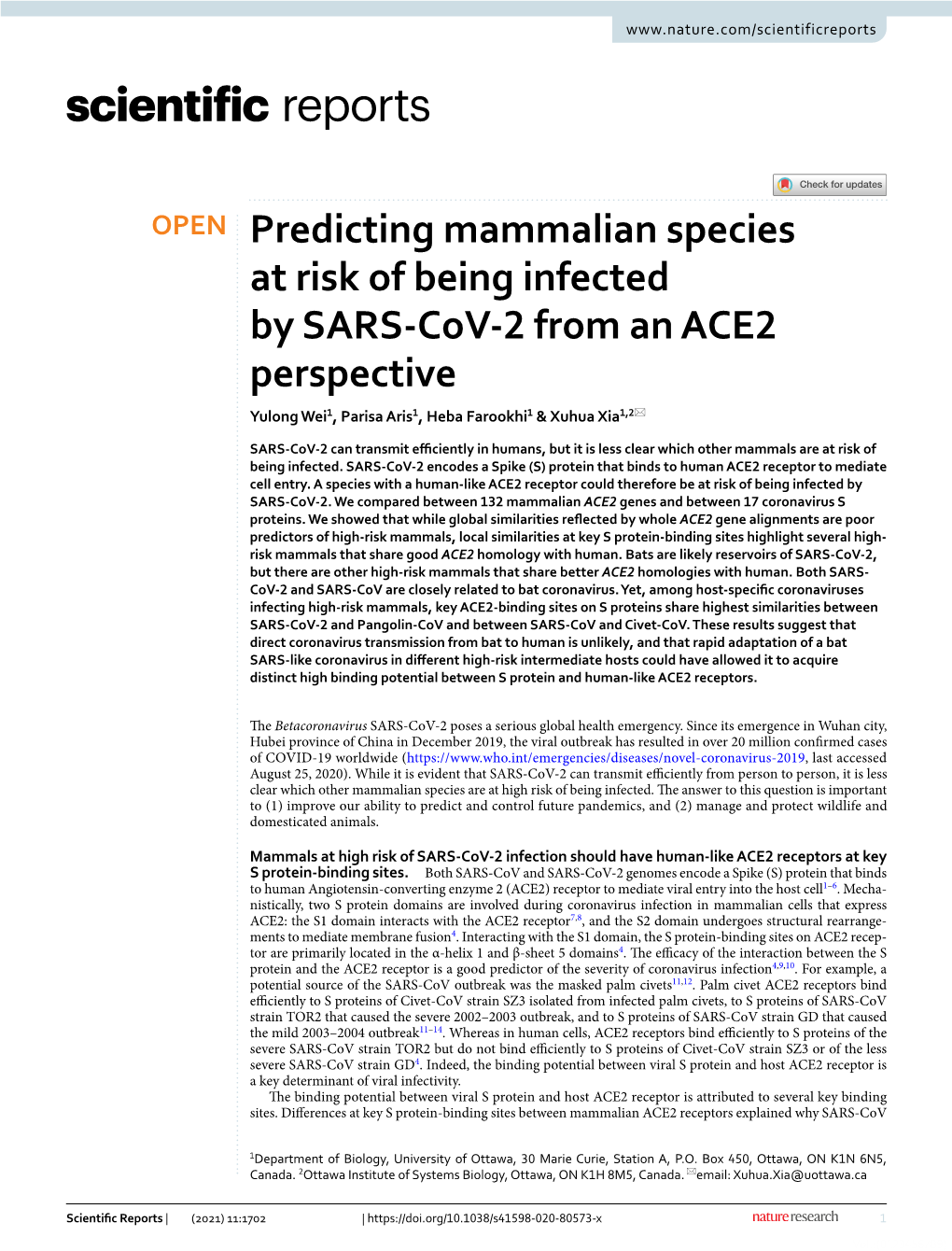 Predicting Mammalian Species at Risk of Being Infected by SARS-Cov-2