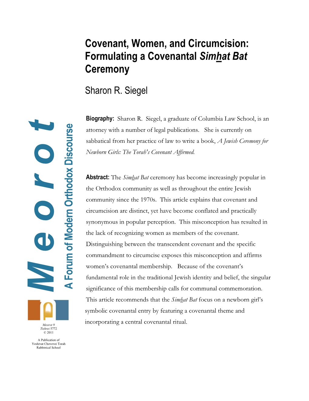 Covenant, Women, and Circumcision: Formulating a Covenantal Simhat Bat Ceremony