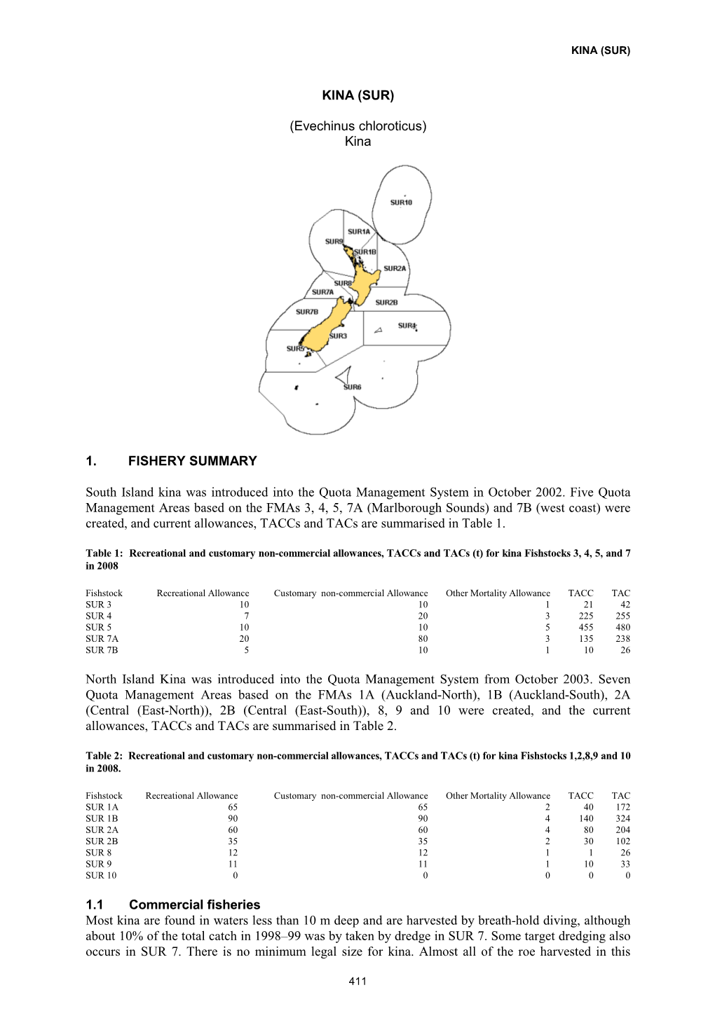 KINA (SUR) (Evechinus Chloroticus) Kina 1. FISHERY SUMMARY South