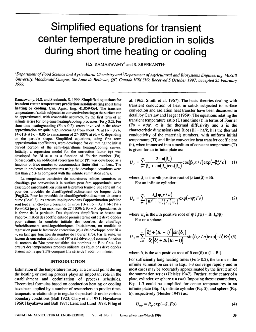 Simplified Equations for Transient Center Temperature Prediction in Solids During Short Time Heating Or Cooling