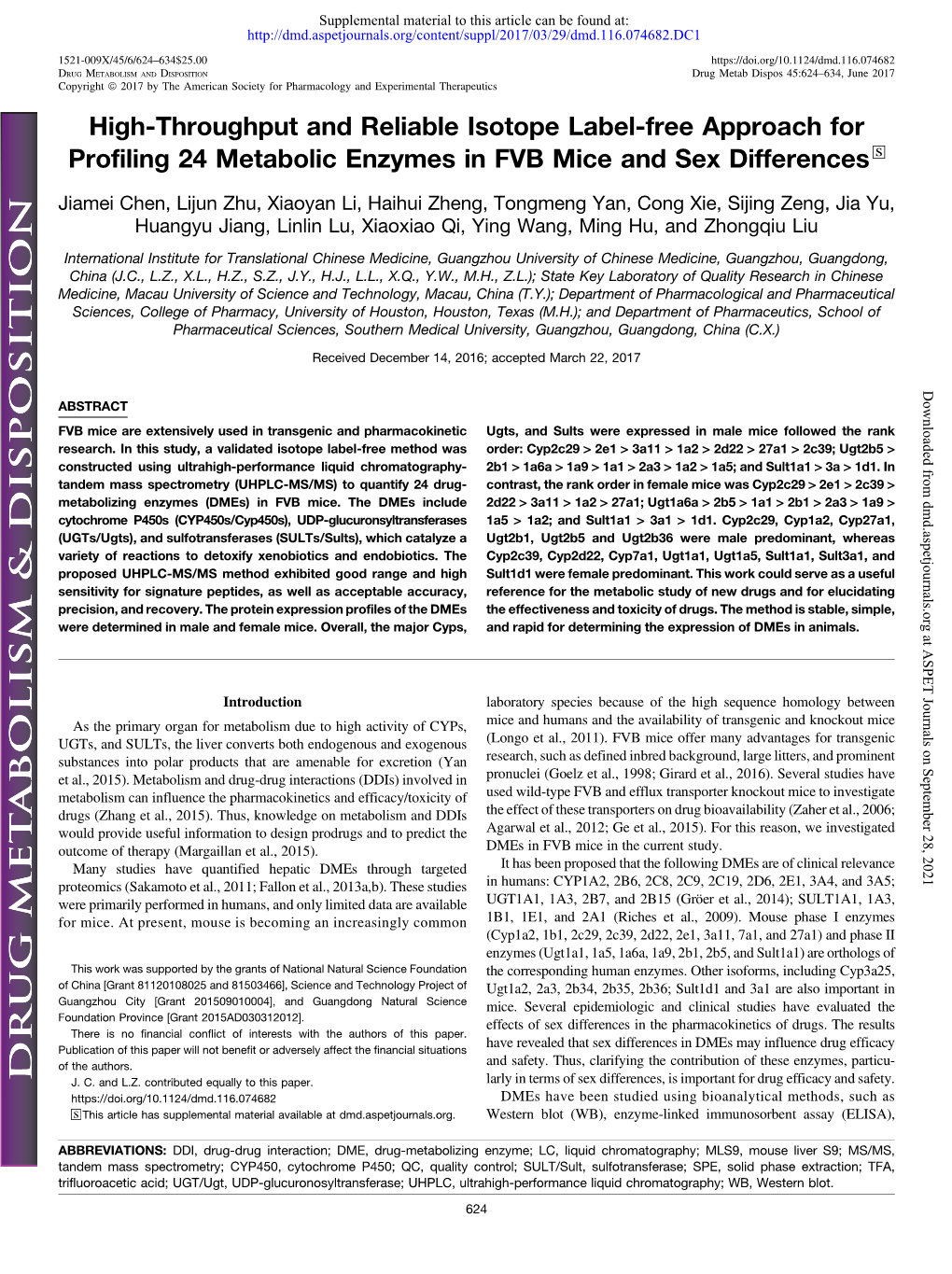 High-Throughput and Reliable Isotope Label-Free Approach for Profiling 24 Metabolic Enzymes in FVB Mice and Sex Differences S