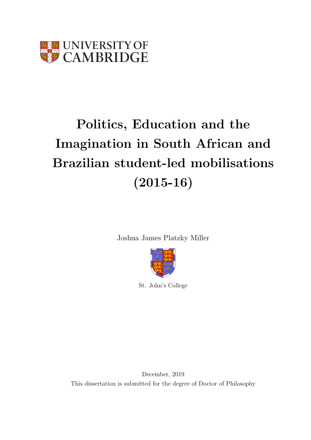 Politics, Education and the Imagination in South African and Brazilian Student-Led Mobilisations (2015-16)