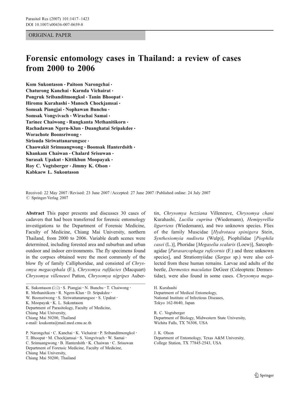 Forensic Entomology Cases in Thailand: a Review of Cases from 2000 to 2006