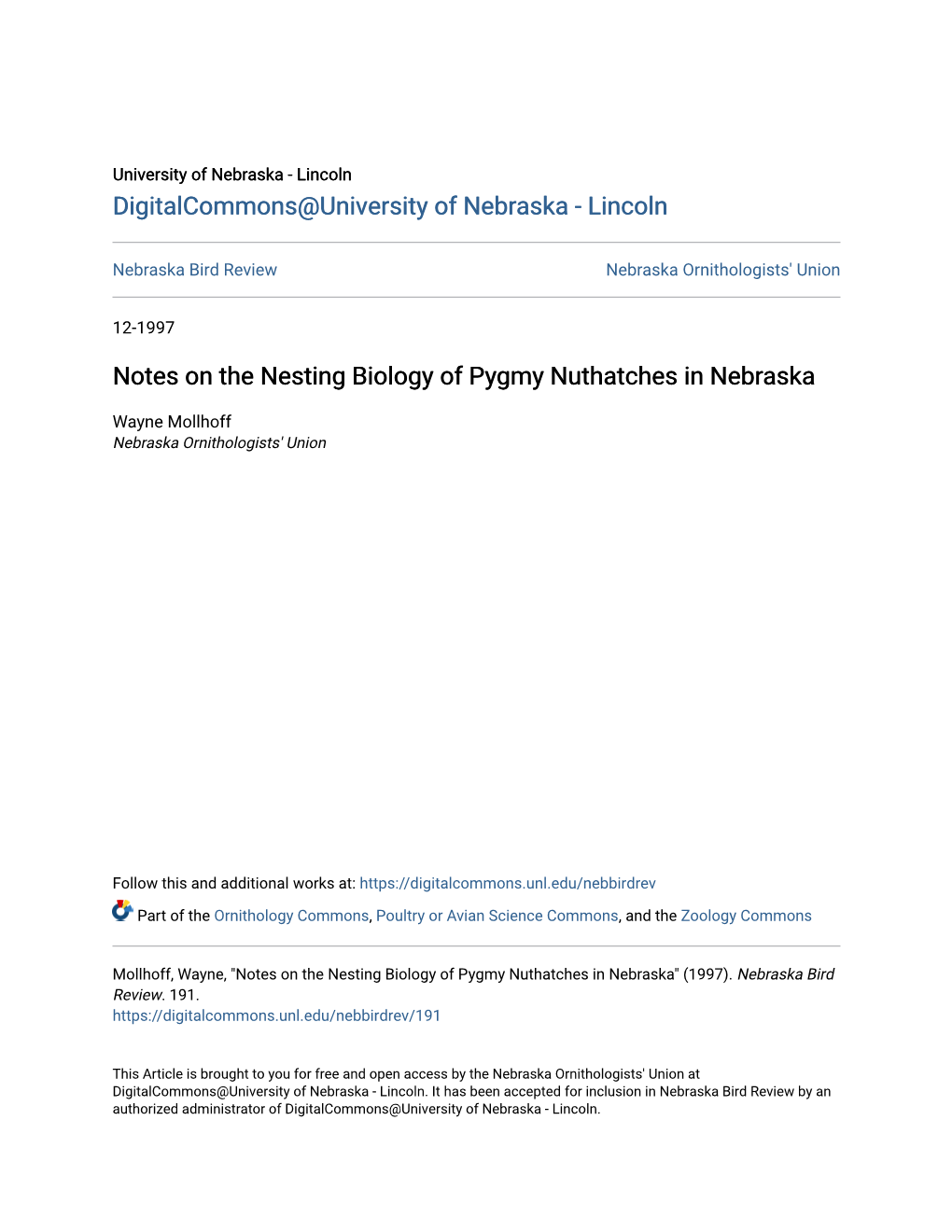Notes on the Nesting Biology of Pygmy Nuthatches in Nebraska