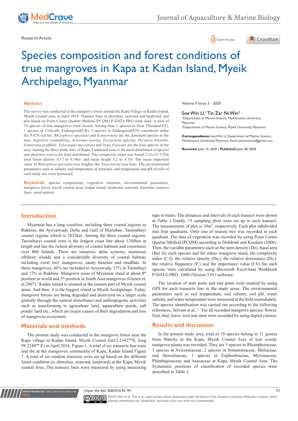 Species Composition and Forest Conditions of True Mangroves in Kapa at Kadan Island, Myeik Archipelago, Myanmar