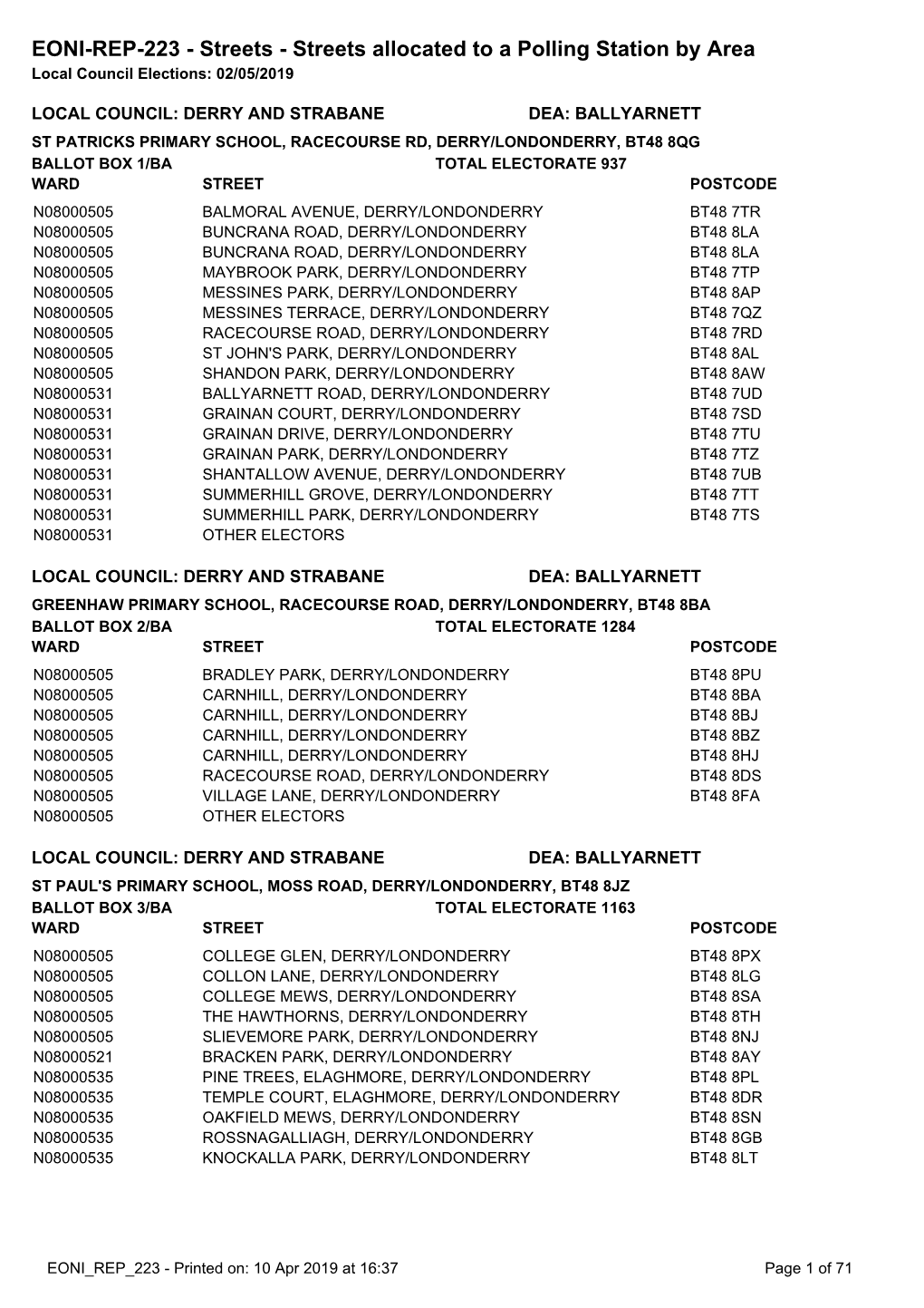 EONI-REP-223 - Streets - Streets Allocated to a Polling Station by Area Local Council Elections: 02/05/2019