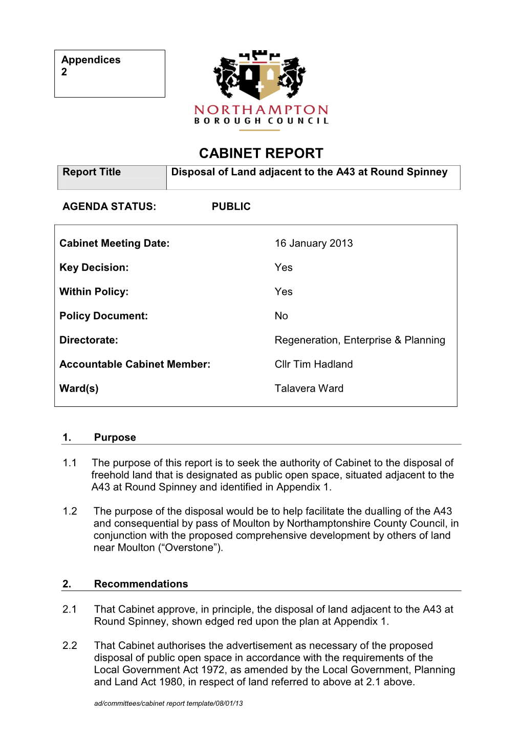 Disposal of Land Adjacent to the A43 at Round Spinney