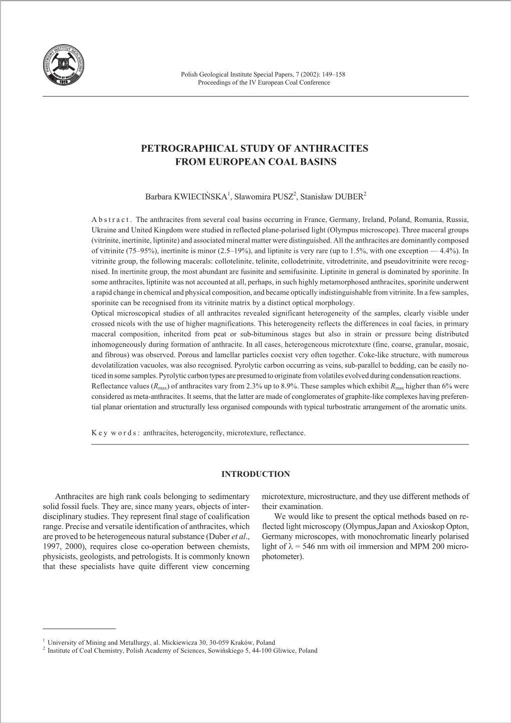 Petrographical Study of Anthracites from European Coal Basins