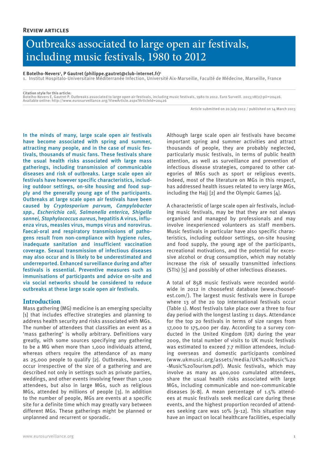 Outbreaks Associated to Large Open Air Festivals, Including Music Festivals, 1980 to 2012