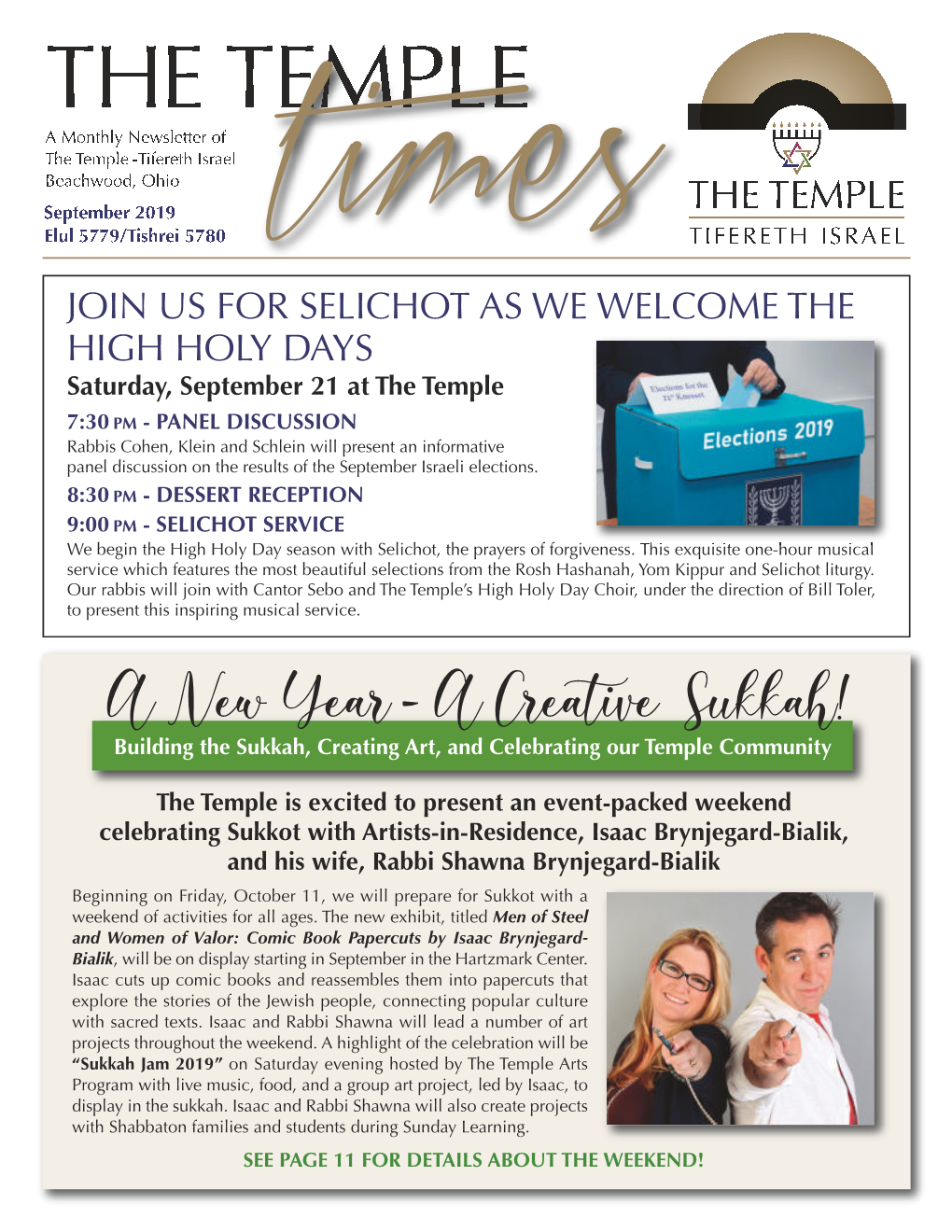 The Temple a Monthly Newsletter of the Templ E -Tifereth Israel Beachwood, Ohio September 2019 the Templ E Elul 5779/Tishrei 5780 Tiferet H Israel