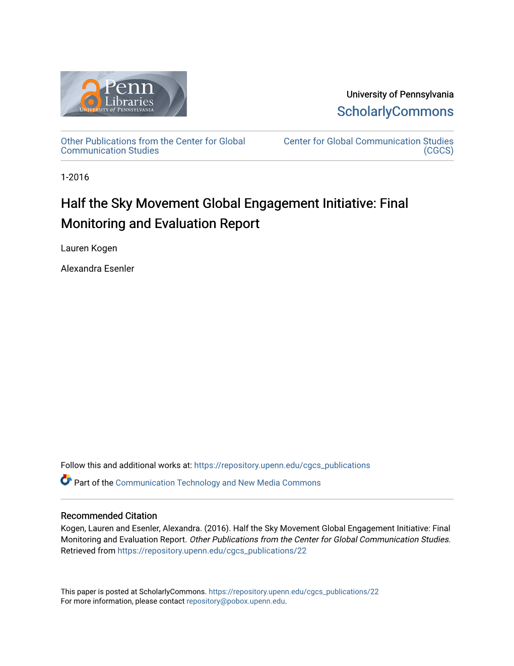 Half the Sky Movement Global Engagement Initiative: Final Monitoring and Evaluation Report