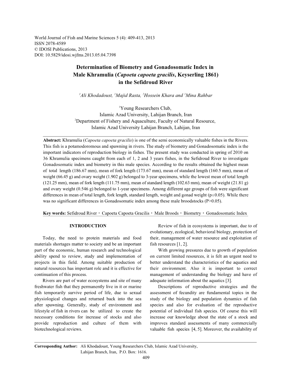 Determination of Biometry and Gonadosomatic Index in Male Khramulia (Capoeta Capoeta Gracilis, Keyserling 1861) in the Sefidroud River