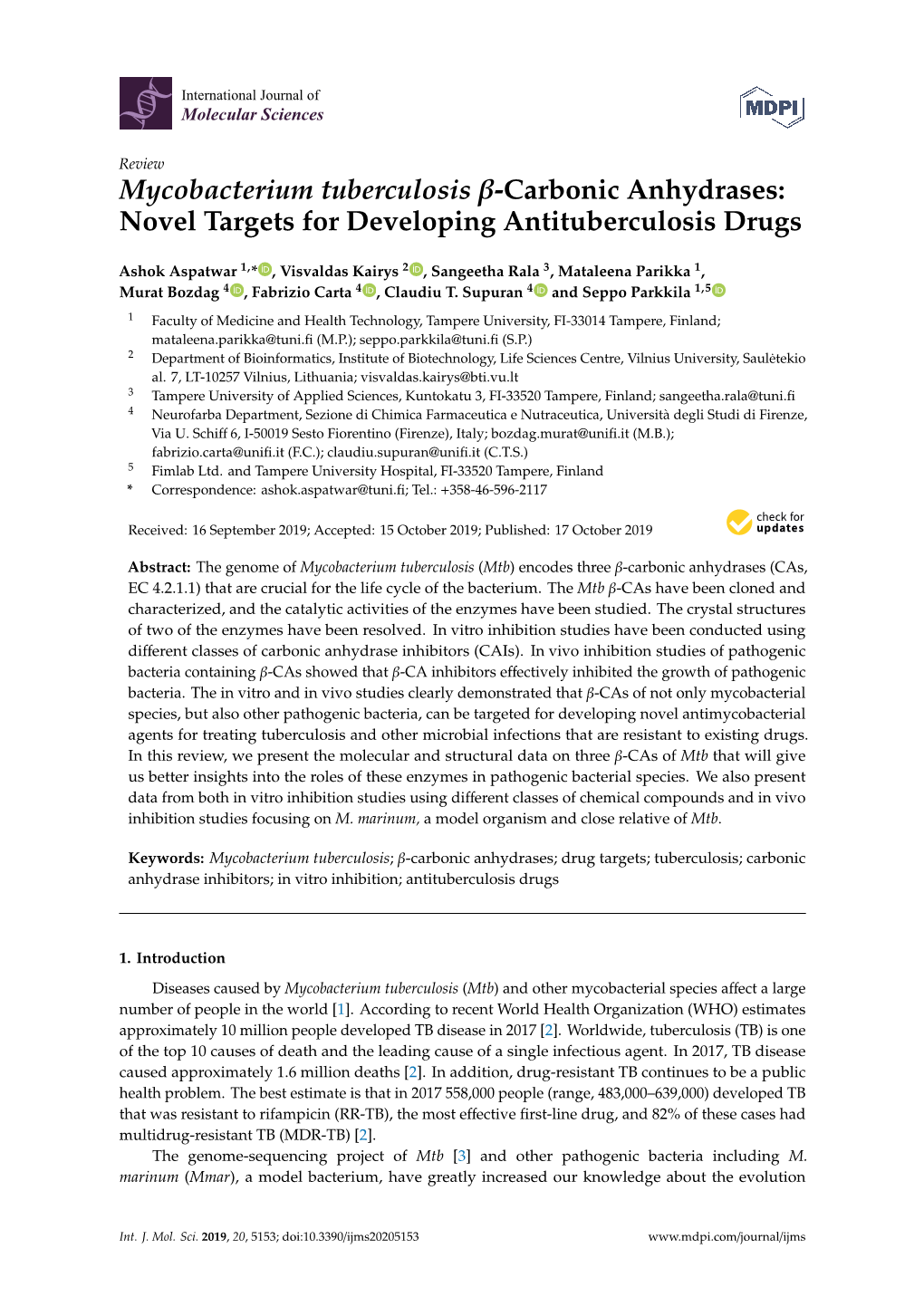 Mycobacterium Tuberculosis Β-Carbonic Anhydrases: Novel Targets for Developing Antituberculosis Drugs