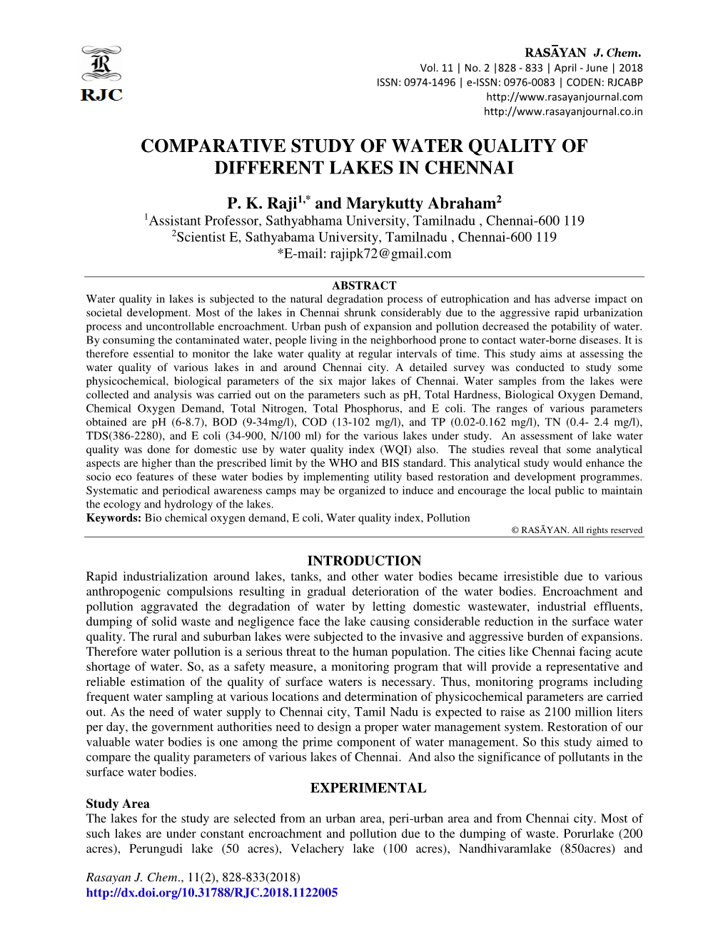 Comparative Study of Water Quality of Different Lakes in Chennai