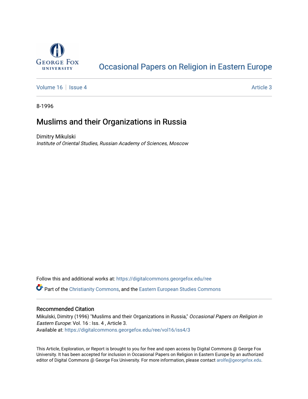 Muslims and Their Organizations in Russia