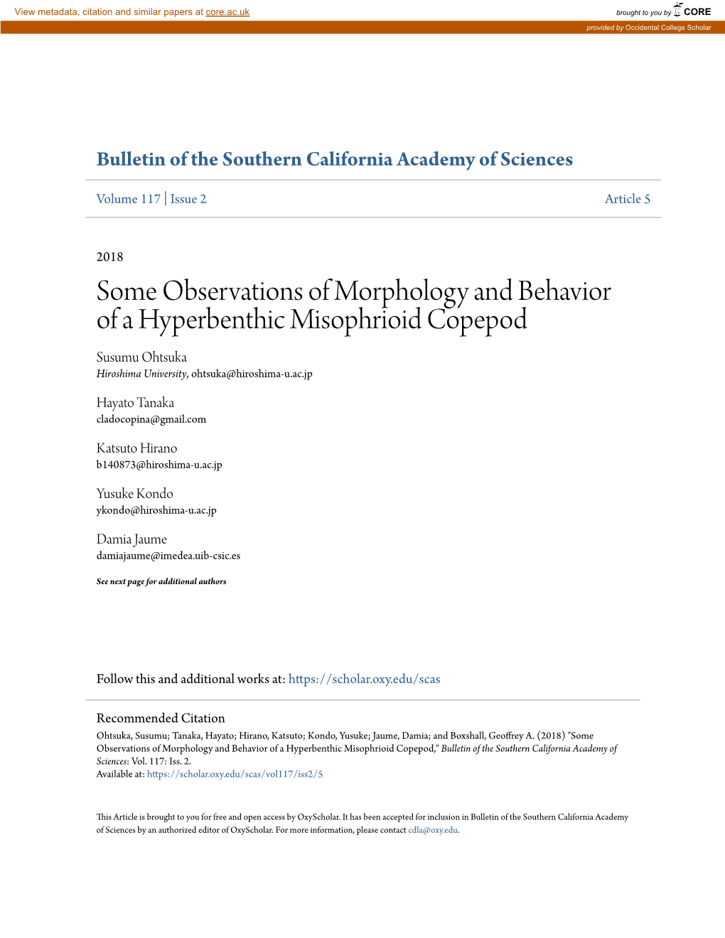 Some Observations of Morphology and Behavior of a Hyperbenthic Misophrioid Copepod Susumu Ohtsuka Hiroshima University, Ohtsuka@Hiroshima-U.Ac.Jp