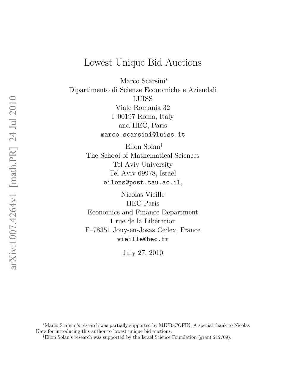 Arxiv:1007.4264V1 [Math.PR] 24 Jul 2010 Lowest Unique Bid Auctions