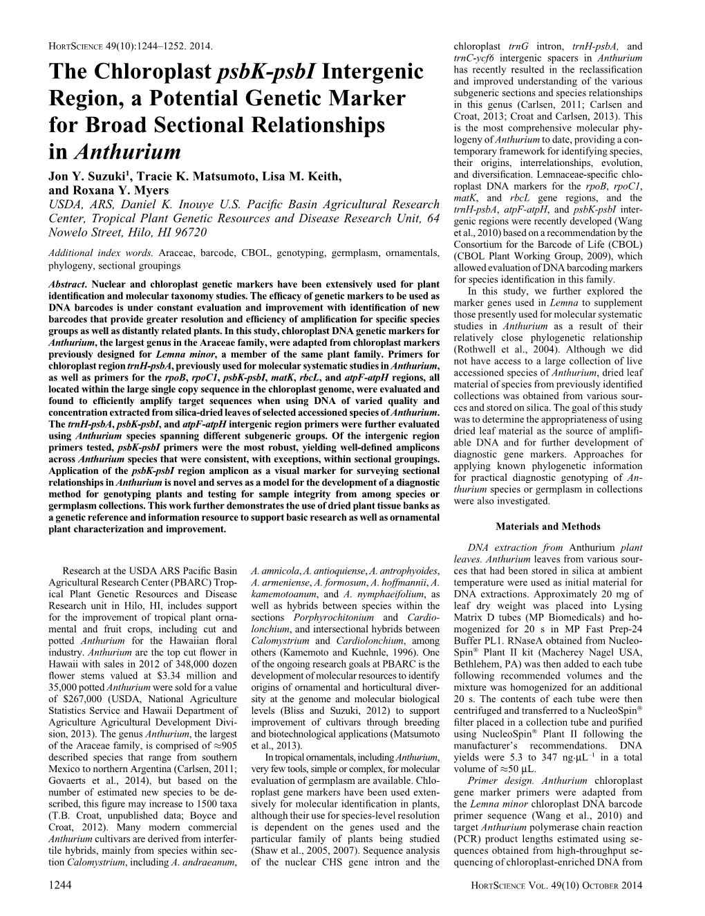 The Chloroplast Psbk-Psbi Intergenic Region, a Potential Genetic Marker