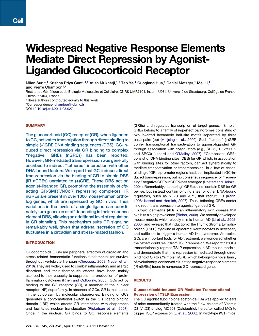 Widespread Negative Response Elements Mediate Direct Repression by Agonist- Liganded Glucocorticoid Receptor