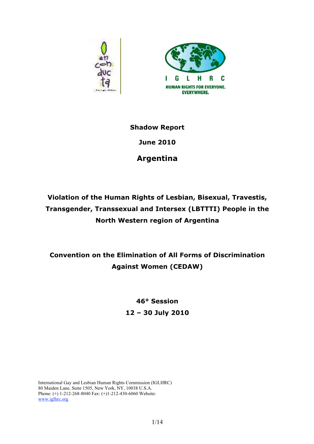 Violation of the Human Rights of Lesbian, Bisexual, Travestis, Transgender, Transsexual and Intersex (LBTTTI) People in the North Western Region of Argentina