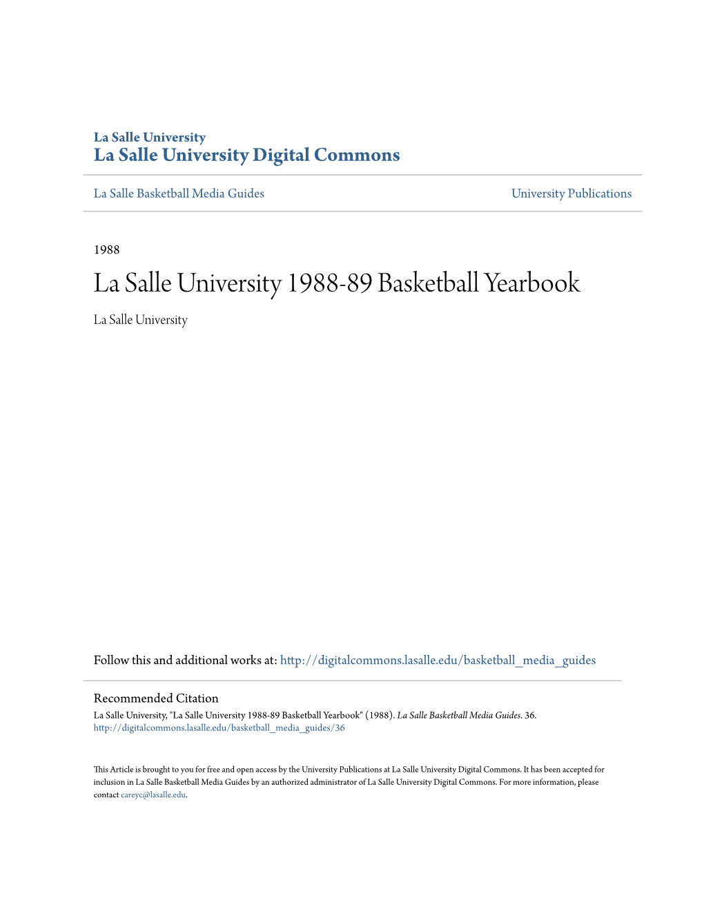 La Salle University 1988-89 Basketball Yearbook La Salle University