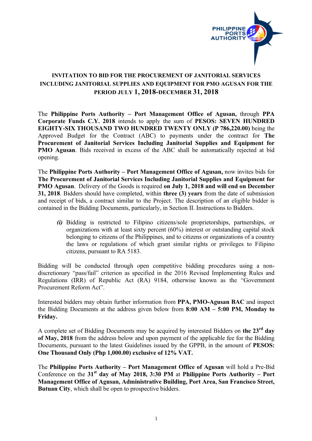 Port Management Office of Agusan, Through PPA Corporate Funds C.Y. 2018 Intends to Apply T