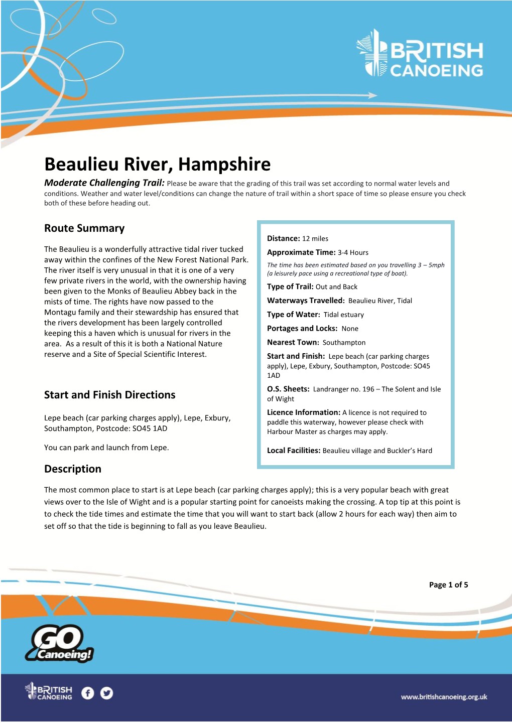 Beaulieu River, Hampshire Moderate Challenging Trail: Please Be Aware That the Grading of This Trail Was Set According to Normal Water Levels and Conditions