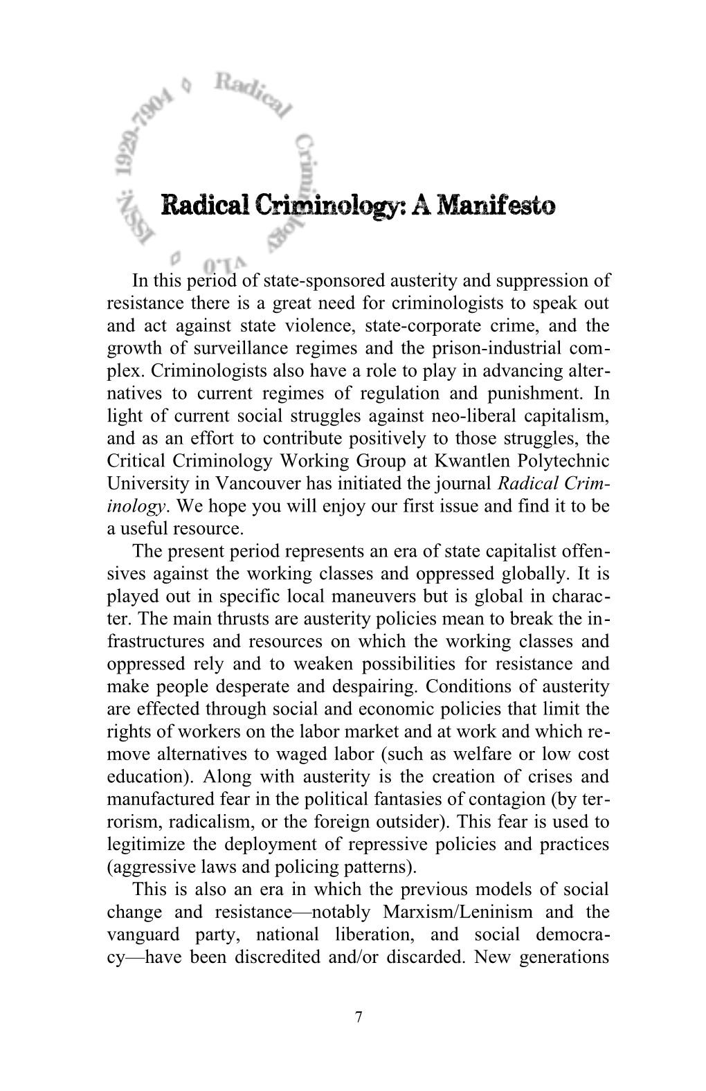 Radical Criminology: a Manifesto