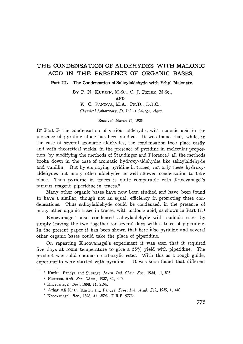 The Condensation of Aldehydes with Malonic Acid in the Presence of Organic Bases